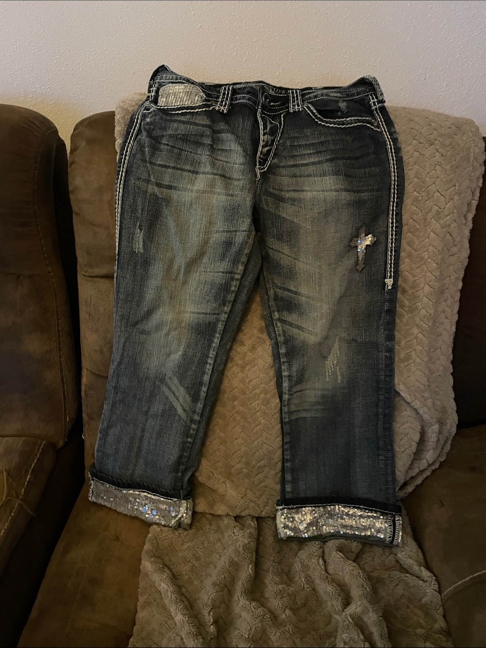 Cowgirl Tuff Dark Wash Sequin Cuff Boyfriend Jeans